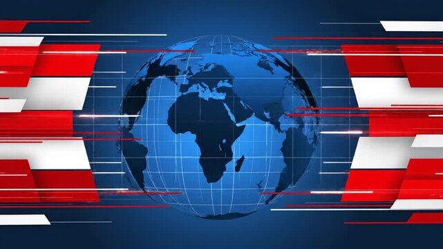 A dynamic world-news themed motion graphic featuring a rotating blue globe centered on Africa, surrounded by fast-moving red and white streaks on a dark digital background.