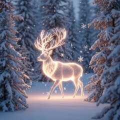 Fototapeta premium Enchanting Glowing Reindeer in a Snowy Winter Forest.