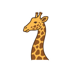 Fototapeta premium Cute giraffe head illustration with long neck and brown spots for kids and children design projects featuring a friendly cartoon character style in a simple artistic drawing Vector