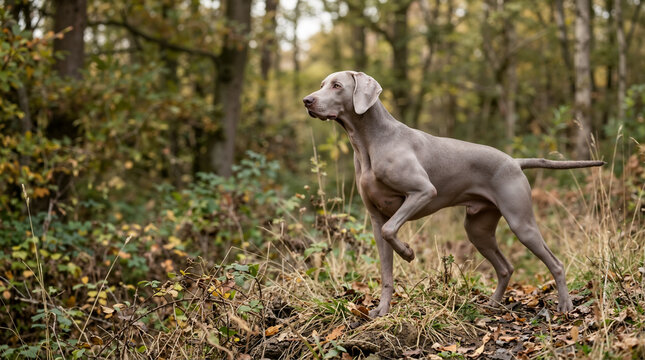 Weimaraner dog pointing in an autumn forest. Grey purebred hunting dog standing alert on a woodland path. Working canine instinct in nature
