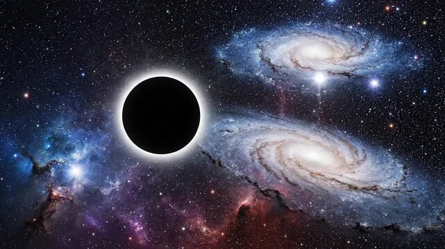 Solar eclipse shining bright over distant galaxy and colorful nebula in deep outer space