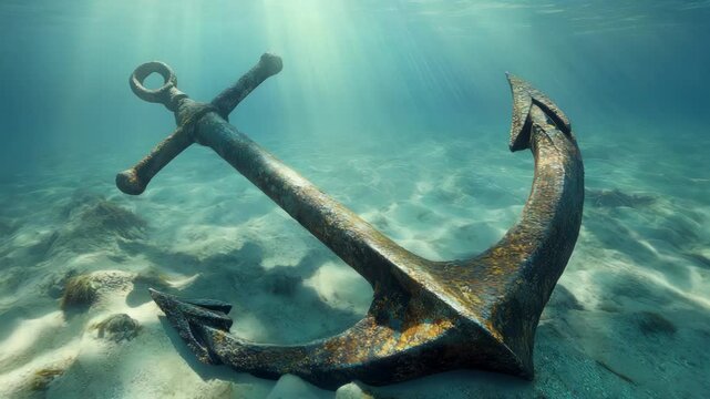A large, rusted anchor rests on a sandy seabed. Sunbeams filter through the clear, turquoise water