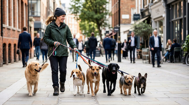 Professional dog walker walking pack of six dogs on city street. Smiling woman holding multiple leashes with various canine breeds