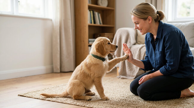 Smiling woman giving a high five to a Golden Retriever puppy. Female owner training her pet dog in a bright living room
