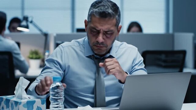 A Sick Businessman Battling Illness And Fatigue While Working Late At The Office
