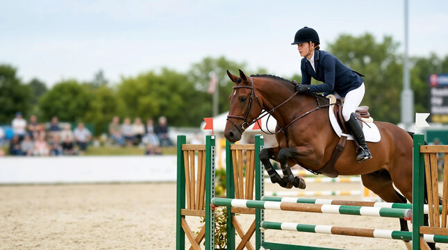 Female equestrian rider and brown horse jumping over an obstacle in an outdoor arena. Professional show jumping competition with spectators in the background