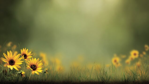 Sunflowers in a field with green foliage and soft focus background