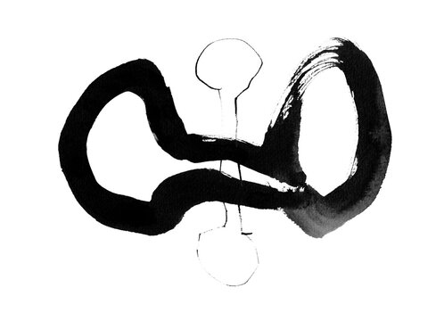 Monochrome sumi ink illustration on paper, thick and thin dumbbell shapes overlapped with brush and bamboo pen