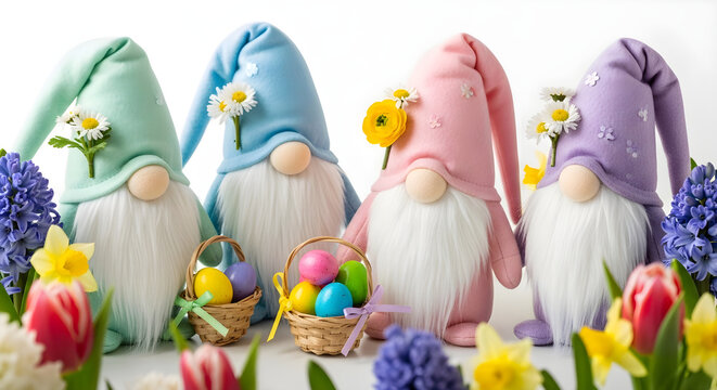 Easter gnomes with flowers and eggs