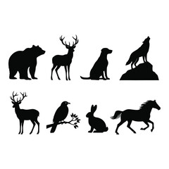 Obraz premium Collection of diverse wild and domestic animal silhouettes including a bear deer dog wolf bird rabbit and horse in various poses showcasing their distinct forms