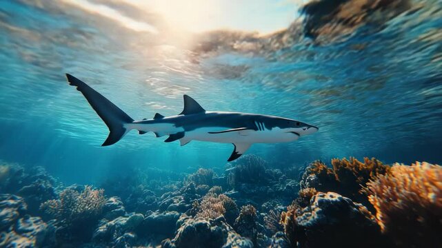 A realistic depiction of a shark swimming near colorful coral, with sunlight filtering through water