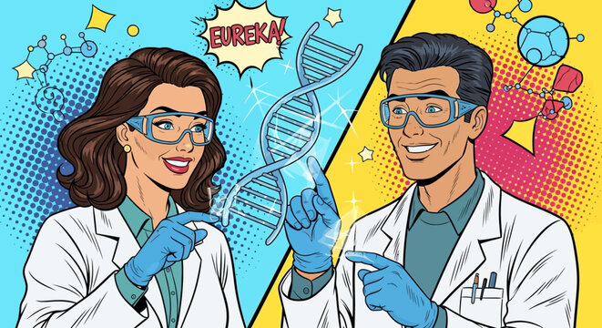 Two scientists examining a DNA strand in a lab setting with excitement