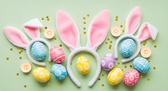 Easter eggs and bunny ears on green background