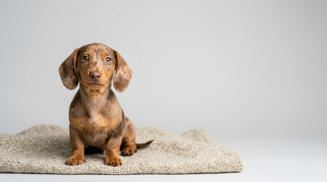 Dapple Dachshund puppy sits on soft mat, looking forward with alert eyes and endearing charm. Adorable Dachshund puppy displays unique merle coat, floppy ears, small paws.