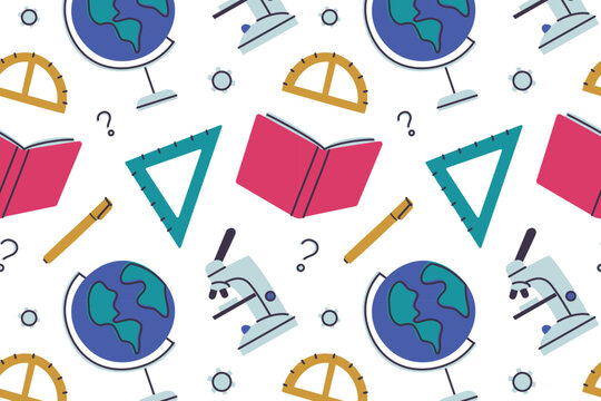 School and science seamless pattern, flat cartoon books, rulers, globe, microscope, pens and stationery supplies. Education and learning vector illustration, colored pattern on white background