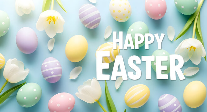 Easter eggs and tulips on blue background