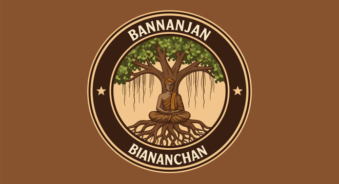 Buddha meditating under a Bodhi tree in a circular emblem.