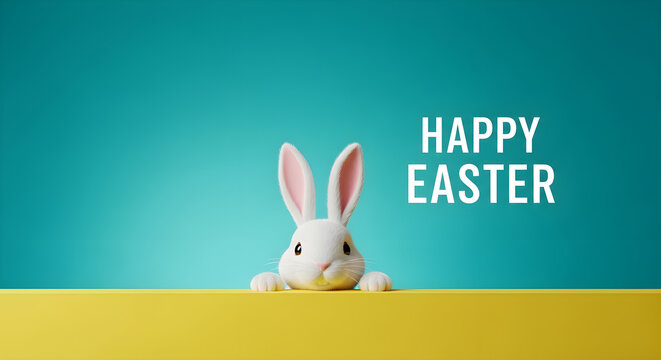 White rabbit peeking over yellow surface