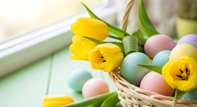 Easter eggs and tulips in a basket