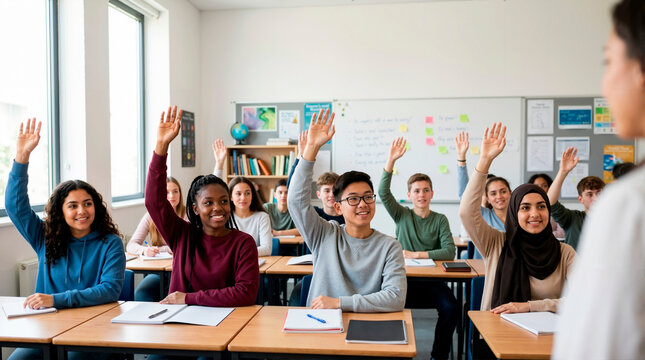 Diverse group of teenage students raising hands in a classroom. Multiethnic high school class actively participating in a lesson with their teacher. Education and active learning concept