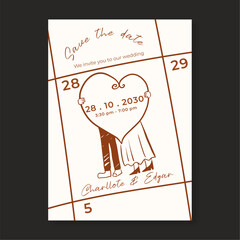 Minimalist Wedding Save the Date Card Template with Hand Drawn Illustration of a Couple and Heart Calendar Design © Proyecto Randy
