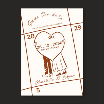 Minimalist Wedding Save the Date Card Template with Hand Drawn Illustration of a Couple and Heart Calendar Design