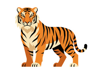 Obraz premium Stylized flat vector illustration of a majestic standing tiger with orange fur and black stripes on white background.