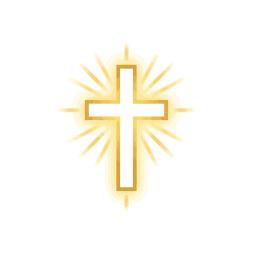 Shining golden Christian cross with radiant light rays on white background.