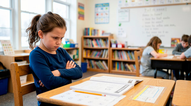 Frustrated young girl sitting at a school desk with arms crossed. Unhappy elementary student looking at workbook in classroom. Childhood education and behavior concept