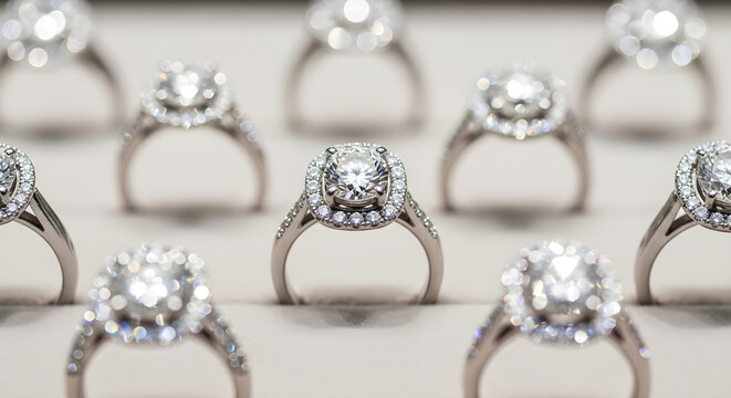 Diamond rings displayed on a velvet surface