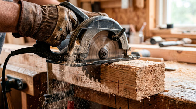 Circular saw cutting wood plank in carpentry workshop