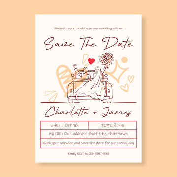 Elegant Hand Drawn Wedding Save the Date Invitation Template with Illustrated Couple in Vintage Car