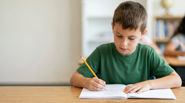 Focused boy writing vocabulary words in a notebook. Elementary student studying at a desk in a classroom. Education and learning concept