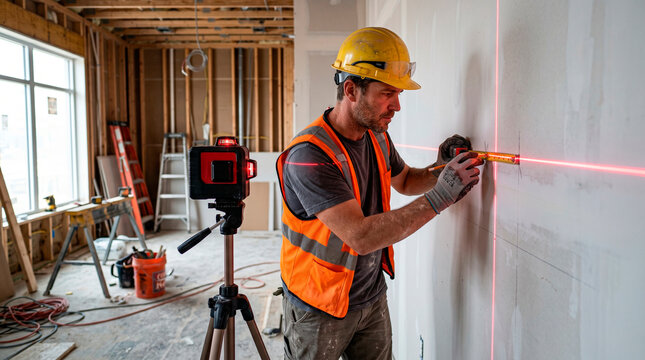 Construction worker measuring wall with laser level tool indoors