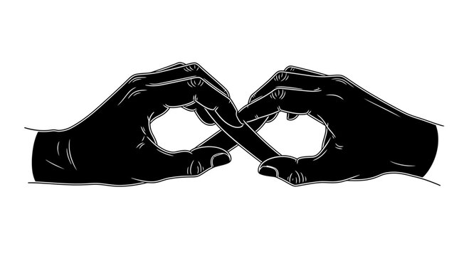Black silhouette of two hands making heart shape.