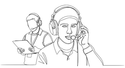 Obraz premium Continuous line drawing of two men wearing headsets, one holding a tablet, call center or support concept.