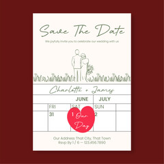 Elegant Wedding Save the Date Card Template with Minimalist Couple Line Art Illustration and Heart Calendar Design © Proyecto Randy