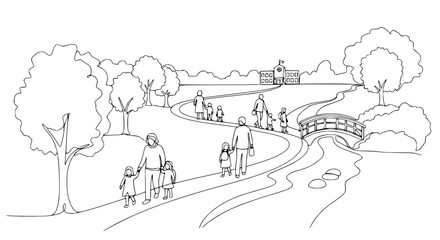 Obraz premium Families Walking in a Park with School Building and Bridge, Black and White Line Art