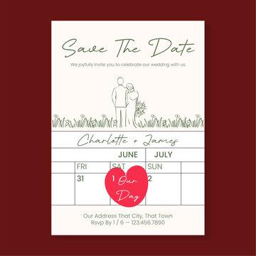 Elegant Wedding Save the Date Card Template with Minimalist Couple Line Art Illustration and Heart Calendar Design