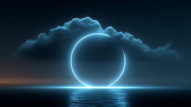 Abstract ethereal reflection on a calm water surface creates a captivating cinematic loop, featuring a pulsating blue neon light ring in an endless dynamic motion.