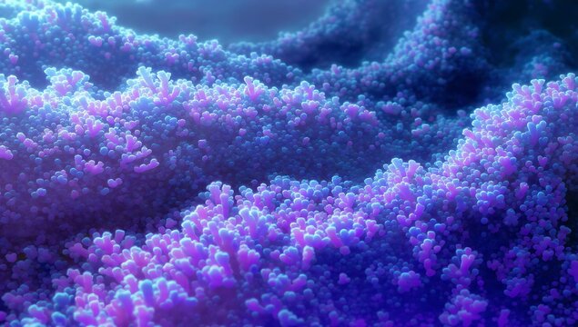 Abstract 3D render of vibrant purple and blue bioluminescent coral-like organic textures. Futuristic microscopic view of alien flora or cellular structures with soft cinematic neon lighting.