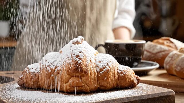 A delicious, golden-brown pastry croissant sits on a wooden cutting board with a cup of coffee and bread in the background, ready to be enjoyed