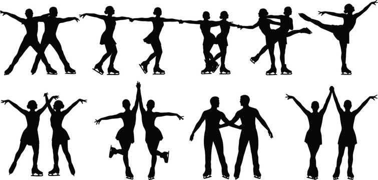 Ice Skating Couple Silhouette Set with Various Figure Skater Poses Winter Sport Dance Vector Illustration Collection