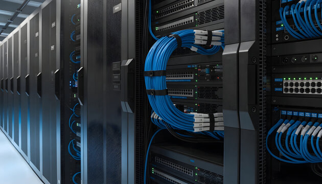 Modern business technology equipment featuring a digital computer network server and hardware hub with cables organized in a black datacenter rack for secure internet communication and data storage