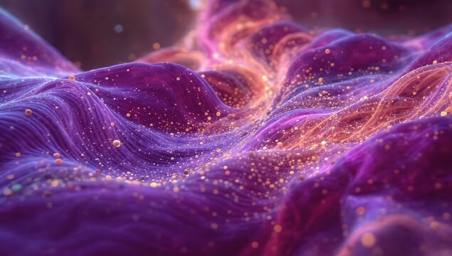 Abstract 3D render of flowing purple silk-like waves with glowing golden particles. Cinematic microscopic visualization of energy threads, neural pathways, or futuristic organic fabric.