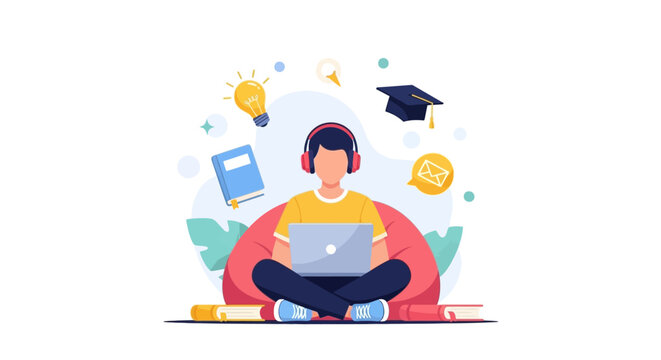 Student sitting cross-legged on floor with laptop and books surrounded by education icons