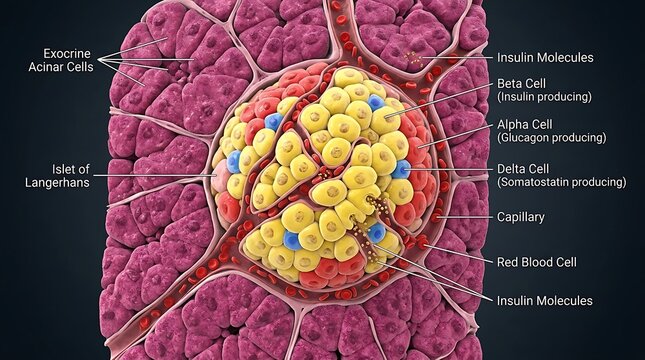 Detailed illustration of pancreatic islet of Langerhans
