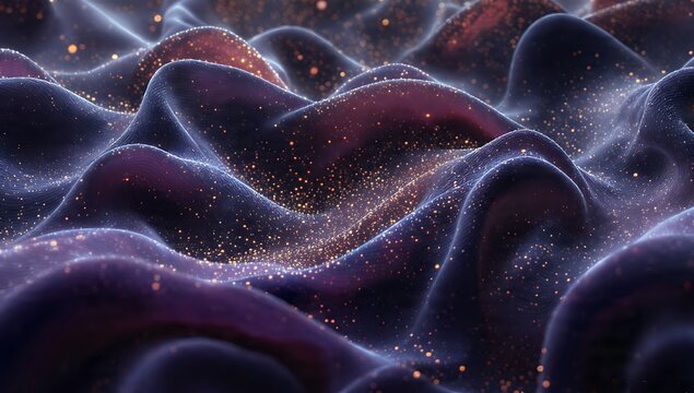 Abstract 3D render of flowing dark purple velvet waves with glowing golden dust. Cinematic microscopic visualization of biological tissue, futuristic fabric, or cosmic organic landscapes.