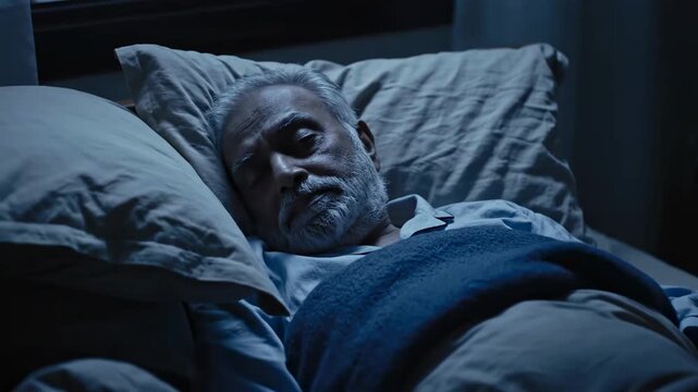 Elderly Man Struggles With Sleepless Nights and Intrusive Thoughts In A Dark Room