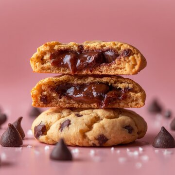 Gooey chocolate chip cookies stacked with melted chocolate inside, surrounded by chocolate chips on a pink background.